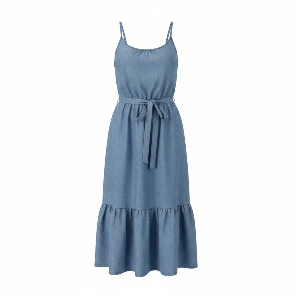 LOFT Chambray Belted Midi Swing Dress Tiered Blue Petite M - Picture 2 of 10